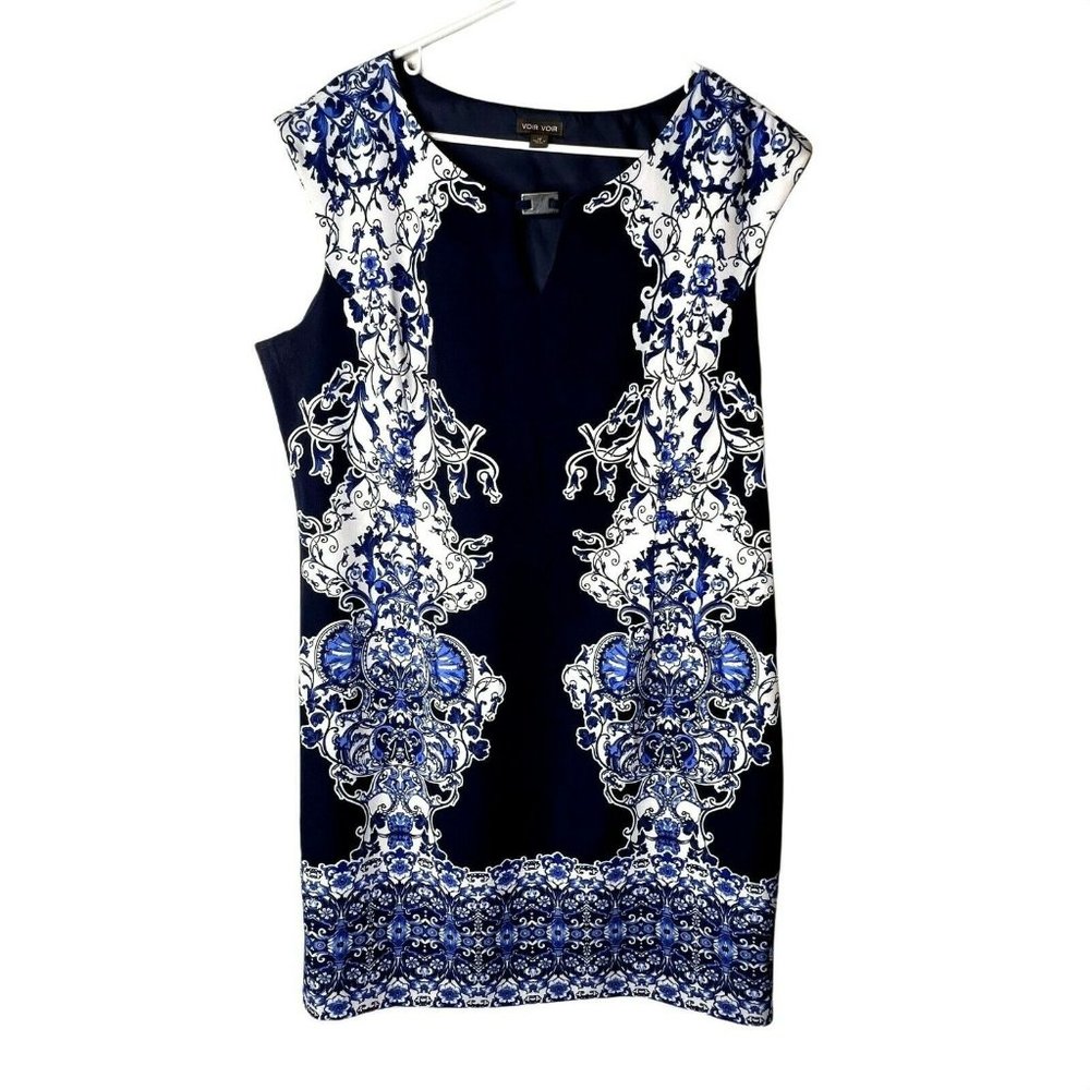 Voir Voir womens dress sz 18 floral blue white sleeveless stretch side zipper